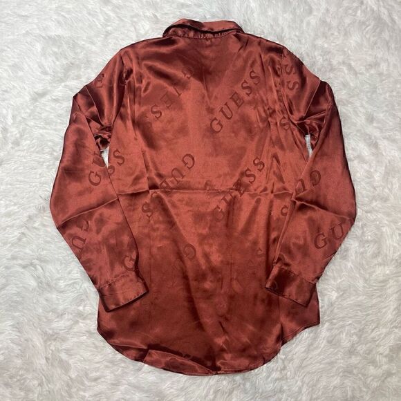 Guess Satin Logo Bronze Brown Blouse Long Sleeve Button Up Size XS Classic Elega - Picture 12 of 12